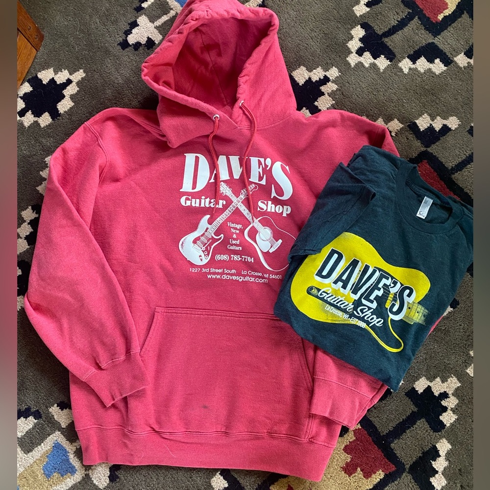 Dave's Guitar Shop bundle NWOT short sleeve tee, red pullover hoodie